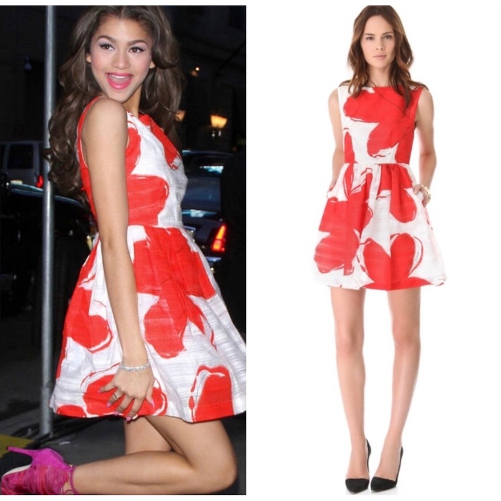 NWT Alice + Olivia Essie Printed Taffeta Dress Sz 0 Red White Fit Flare Preppy